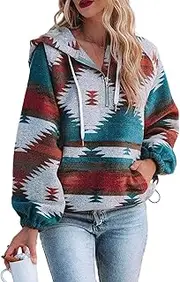 [Huaqiao] Womens Aztec Hoodie Jacket 1/4 Zip Pullover Drawstring Sweatshirt with Pocket