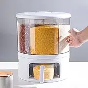 PIOJNYEN Grain Dispenser, 360° Rotating 6 Grid Food Dispenser, 24lb Rice and Grain Storage Container, One-Click Rice Output, Round Multigrain Tank Cup Grain Storage Tank for Home Kitchen