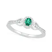 Oval Lab-Created Emerald and 0.05 CT. T.W. Diamond Frame Tapered Heart Shank Ring in Sterling Silver