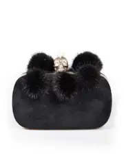 Black Suede Dandelion Punk Skull Box Clutch