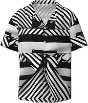 [YANYU] Black White Stripe Print Hawaiian Shirts Men Short Sleeve Button Down Cuban Collar Shirt Summer Beach Days