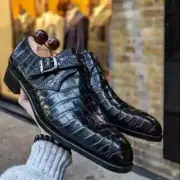 Handmade Mens Black Color Alligator Crocodile Leather Single Monk Strap Shoes