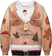 [HoneyStore] Unisex Ugly Xmas Sweatshirt Hairy Chest Print Holiday Party Shirt