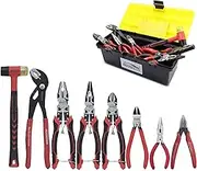 HOUSERAN 8-Piece Tool Set with Case Including 10” Groove Joint Pliers, 8.3” Long Nose, 8.3” Linesman, 7.5” Diagonal, 6” Flush Cutter, 5” Long Nose, 5” 170 Cutter, 25mm Rubber Mallet for DIY & Home Use