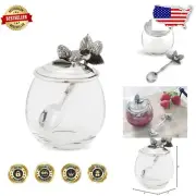 Whimsical Glass Jelly Pot with Lead-Free Pewter Strawberry Accents - 5 Inch Tall