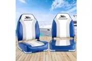 Seamanship 2X Folding Boat Seats Marine Seat Swivel High Back 12cm Padding Blue