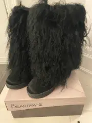 NEW BEARPAW Boetis ll Black Real Lamb Fur Wool Lined Boots Womens Size 7 NIB