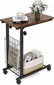 Costway Height Adjustable C Shape Side Table, Mobile End Table with Detachable Wheels, Side Basket and Bottom Mesh Storage, Space-Saving Slide Under Sofa Table for Living Room Bedroom (Rustic Brown)