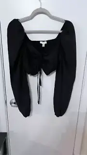 Topshop Women's Tie Front Gathered Back Long Sleeve Crop Top Black Size 8 NWT