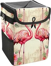 Car Trash Can with Lid and Storage Pockets Leak-Proof Organizer,Waterproof Garbage Can,Flower Valentines Day Flamingo
