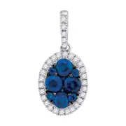 14k White Gold Natural Blue Sapphire Diamond Oval Cluster Pendant 7/8 Cttw
