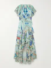 [Camilla] Camilla - Asymmetric Crystal-embellished Ruffled Silk Maxi Wrap Dress - Blue - large large Blue