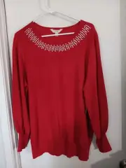 Terra&Sky Glittering Red Long Sleeve Red Pullover Sweater Rhinestones Size 14w