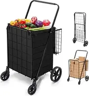 HABUTWAY Grocery Cart on Wheels with Removable Liner, Folding Shopping Cart,Heavy Duty Shopping Carts for Groceries,360° Rolling Laundry Cart,Lightweight Trolley for Seniors 220lb Capacity Black