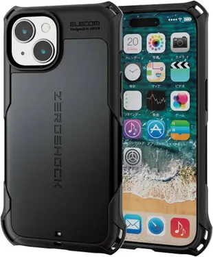 日本代購 空運 ELECOM ZEROSHOCK iPhone 15 耐衝擊 手機殼 保護殼 附保護貼 黑色 紅色