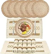 12 Piece Woven Straw Boho Placemats Set of 6 -Round Place mats Natural Cotton Burlap and Water Straw Woven Combination Table Mats, Décor and Farmhouse Style Placemats, for Dining Table Kitchen