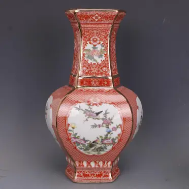 清乾隆爬花描金琺瑯彩花鳥六方瓶仿古瓷器家居中式擺件古董古玩1入| 銀