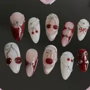 Sweet Cherry Bow Press On Nails, Red & White Cute Nail Art, Playful Manicure Set