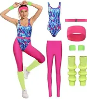 MASSWO Womens Aerobics Costume 80s Workout Outfit 90s Accessories Set Retro Jogging Suit Waist Bag Gym Yoga Running