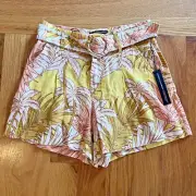 Tahari Flax Linen Coral Tropical Palm High Waist Belted Shorts US 4 Boho Coastal