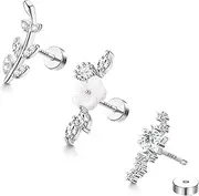 [Milacolato] 3PCS 16G 925 Sterling Silver Post Cartilage Earrings for Women 18K White Gold Hypoallergenic Flat Back Earrings Opal CZ Stud Earrings Cartilage Conch Helix Piercing Jewelry