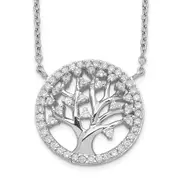 Sterling Silver Cheryl M Rhodium-Plated Brilliant-Cut Cz Tree Of Life 18 Inch Necklace