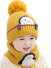 [Lifenanny] Toddler Winter Knit Beanie Hat Scraf Set, Cute Cartoon Penguin Soft Warm Infant Hat with Pompom for Baby Boys Girls 1-3 Years