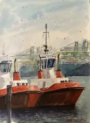 Watercolor Original Painting Red Tugboats 11" x 15" NOT A PRINT