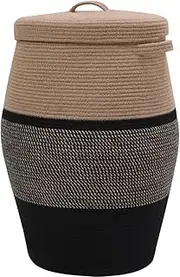 Tall Extra Large Storage Basket with Lid, Cotton Rope Storage Baskets, Laundry Hamper with Cover, Toy Bin, for Toys Blankets Storage in Living Room, Baby Nursery (Jute/Black Mix/Black, 26"x20")