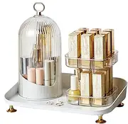 Make Up Organiser - Makeup Brush Holder | Cosmetic Display Stand | Cosmetic Display Case | Waterproof Double-Layer Lipstick Rack | 3 Slots Rotating Makeup Brush Holder With Lid For Dressing Tables