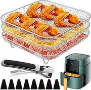 DJAPWPX 3 Layer Air Fryer Rack Square Air Fryer Grill Rack Stainless Steel Grill Dehydrator Rack Stackable Air Fryer Basket with 8 Silicone Feet 1 Anti-Scald Clip for Air Fryer Baking Cooking