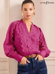 Love & Roses Pink Lace Detail Button Through Long Sleeve Blouse (AD7002) | $40