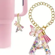[BJBird] Cute Personalized Stanley Cup Charm, Initial Letter A Keychain Handle Charm for Stanley 30 oz or 40 oz Tumbler, Pink Heart-Shaped Sequins, Jewelry Clasp, 5131084051