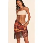Chocolate Palm Print Chiffon Fringe Trim Sarong, Chocolate