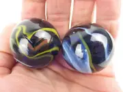 2 BOULDERS 35mm MICHELANGELO Marbles glass Clear Cobalt Blue LARGE HUGE Swirl