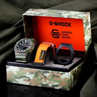 【CASIO 卡西歐】G-SHOCK 迷彩八角錶殼耐衝擊運動雙顯腕錶/綠迷彩(GAE-2100WE-3A)