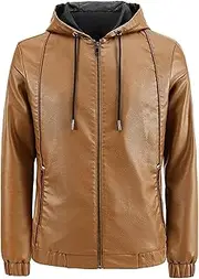 [Zylphorix] Men's Black Leather Jacket with Hood - Classic Biker Style, Multiple Zippered Pockets, All-Season Comfort & Durability