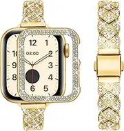 [wutwuk] Compatible with Apple Watch Band 41mm 40mm 45mm 44mm Gold Ladies for Apple Watch Series SE 9 8 7 6 5 4 with PC Case with Rhinestones Diamond Frame Protective Cover Glitter