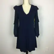 NWT $99 CeCe Mini Shift Dress XS Womans Navy Blue Long Ruffle Sleeve V Neck