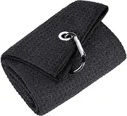 Premium Microfiber Waffle Pattern Tri-fold Golf Towel with Carabiner Clip for Hanging on Golf Club Bag (Black)