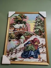 Vtg Large Winter Scene Needlepoint Crewel 27 X 21