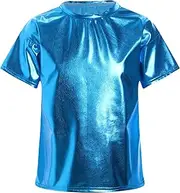 [Jhaoyu] Kids Girls Boys Shiny Metallic Dance Top Short Sleeve Glitter Loose T-Shirt for Dance Performance Party