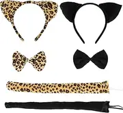 AnyDesign 6Pcs Cat Costume Set Black & Leopard Print Cat Cosplay Kit Animal Ear Headbands Bow Tie Collar Cat Tail for Halloween Party Dress Up Masquerade Accessories Girls Women, Black