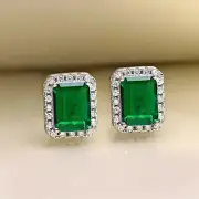 2.76Ct Emerald Cut Lab-Created Emerald Halo Stud Earrings 14K White Gold Plated