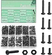 M3 Machine Screws Assortment Kit 540Pcs M3x4/5/6/8/10/12/16/20mm Black Pan Head Screws Fully Threaded Carbon Steel Machine Screws Phillips Drive Fastener Bolts Flat Washers Nuts Kit