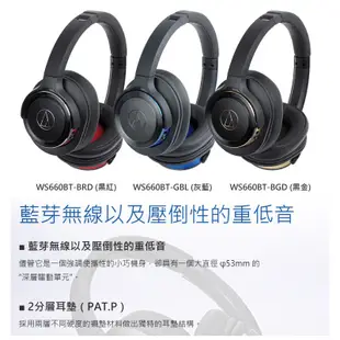 鐵三角 ATH-WS660BT 重低音無線藍芽 耳罩式耳機 現貨 廠商直送