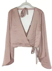NWT River Island Blush Pink Long Flounce Sleeve Cropped Wrap Blouse Size 12