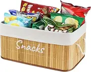 Snack Bin for Pantry - Bamboo Snack Basket Organizer for Cabinet - Snack Storage Basket for Organizing Chips, Cookies, Pretzels, Popcorn and more - Kitchen Organization & Great for Movie Night Picnic