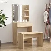 Dressing Table Set with LED Sonoma Oak Engineered Wood,Illuminate Your Beauty: LED Vanity Table with Ample Storage for Bedroom Dressing Tables