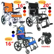 16" 20'' 24'' Foldable Wheelchair Park Brakes Lightweight Soft for Elderly AU